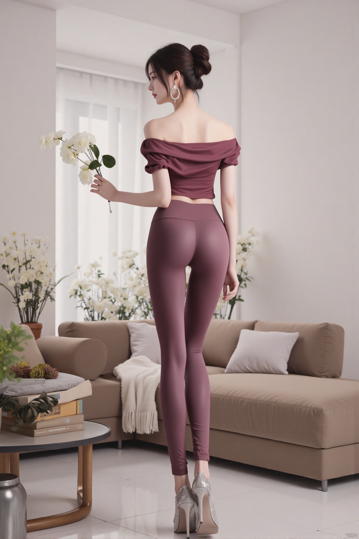 Realistic photo, 1girl, back view, updo hair, big earrings, fair skin, off-shoulder shirt, shiny yoga pants, long legs, high heels, full body, living room, flowers,