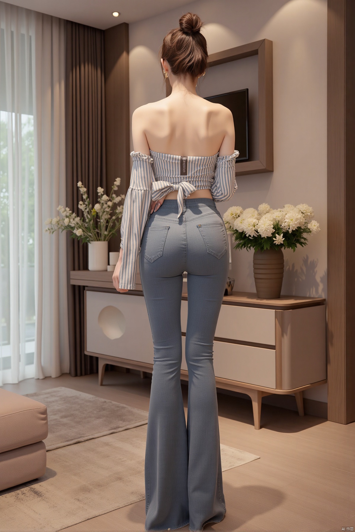 Realistic photos, 1girl, back view, hairstyle, big earrings, fair skin, off-shoulder shirt, sexy tight wide-leg pants, long legs, full body, living room, flowers,