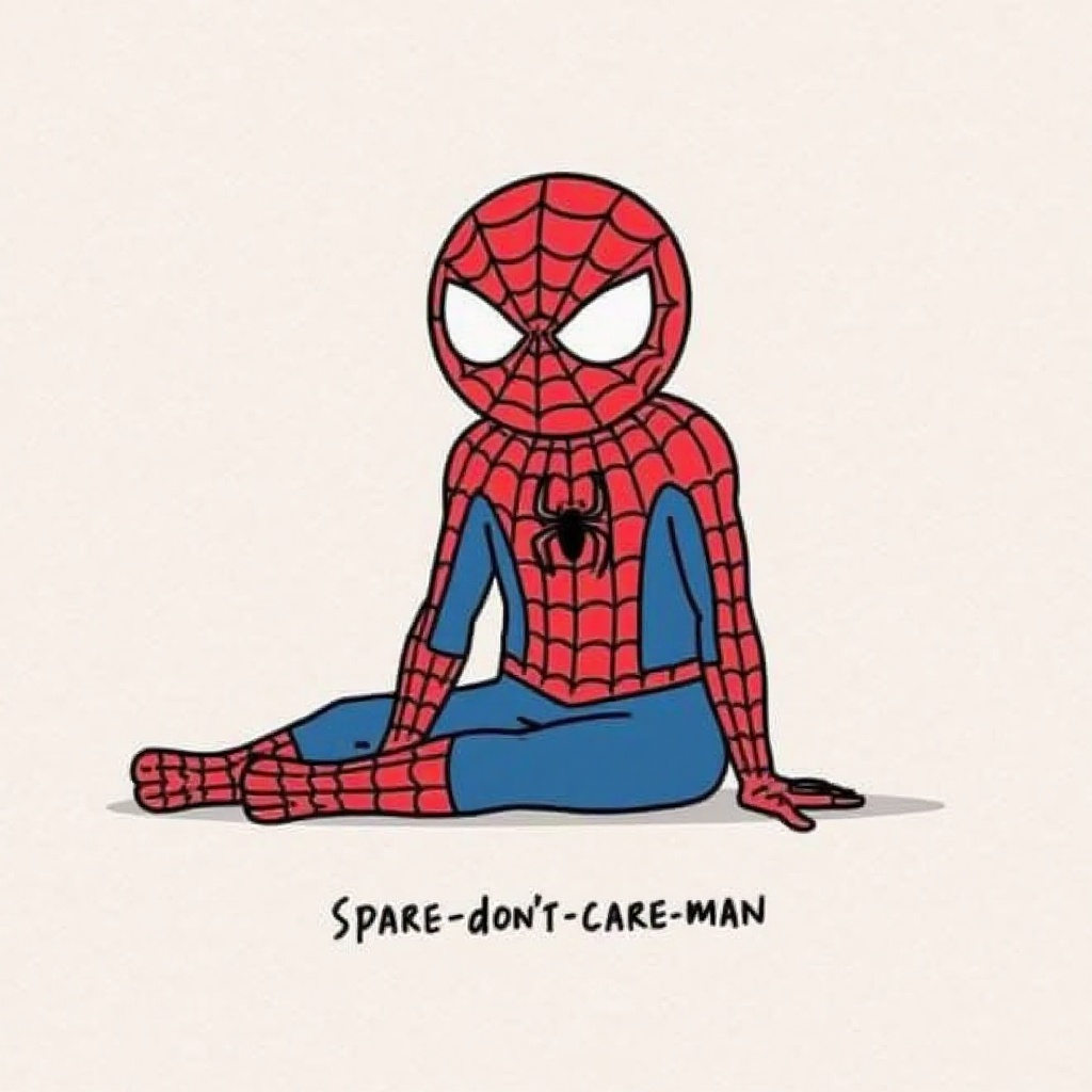 l4zy,  drawing of a spiderman. the words "Spare-don't-care-man" written below it. a lazy Spiderman,  in the style of t0k o...