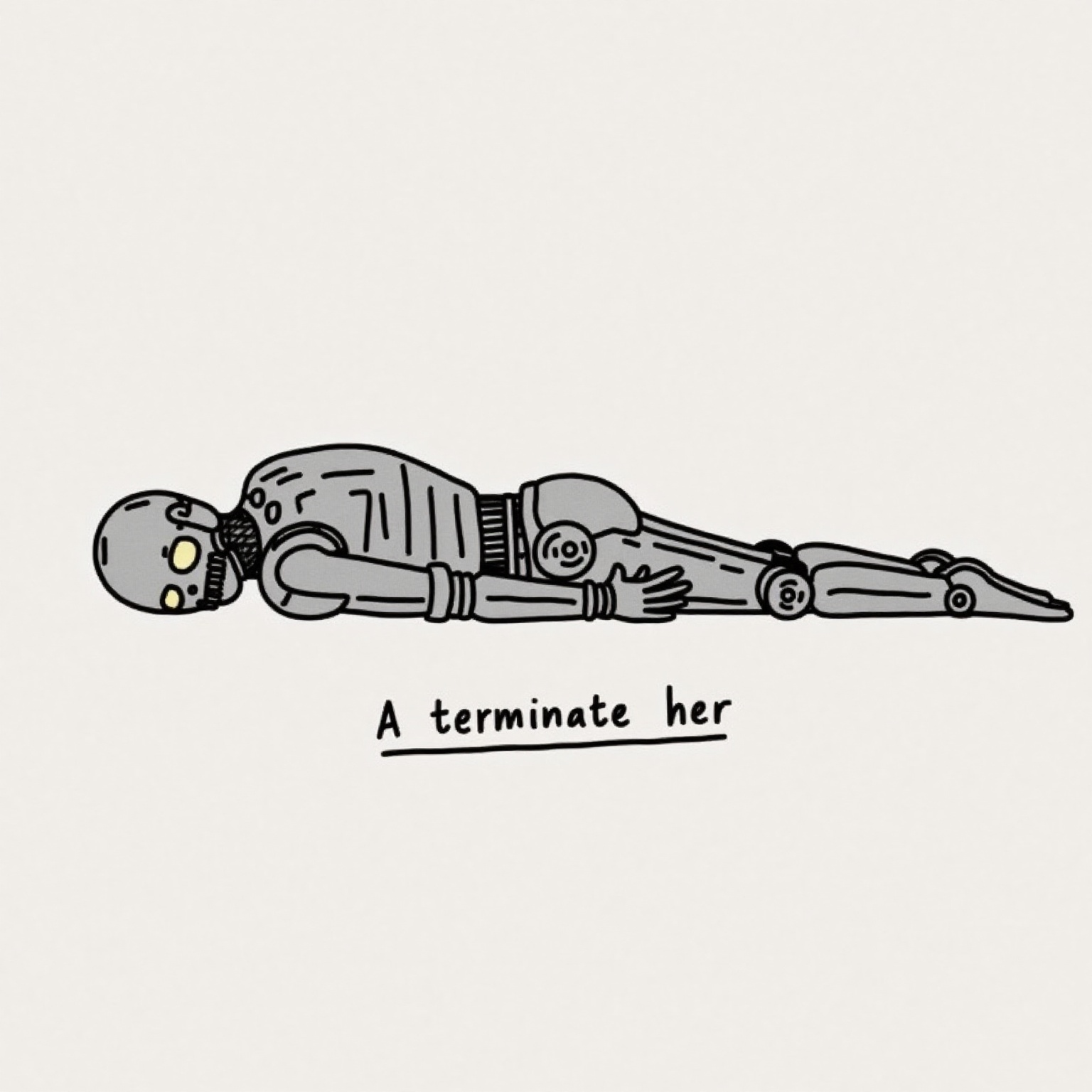 l4zy,  drawing of a terminator robot with the words "terminate her" written below it. a lazy terminator robot. in the styl...