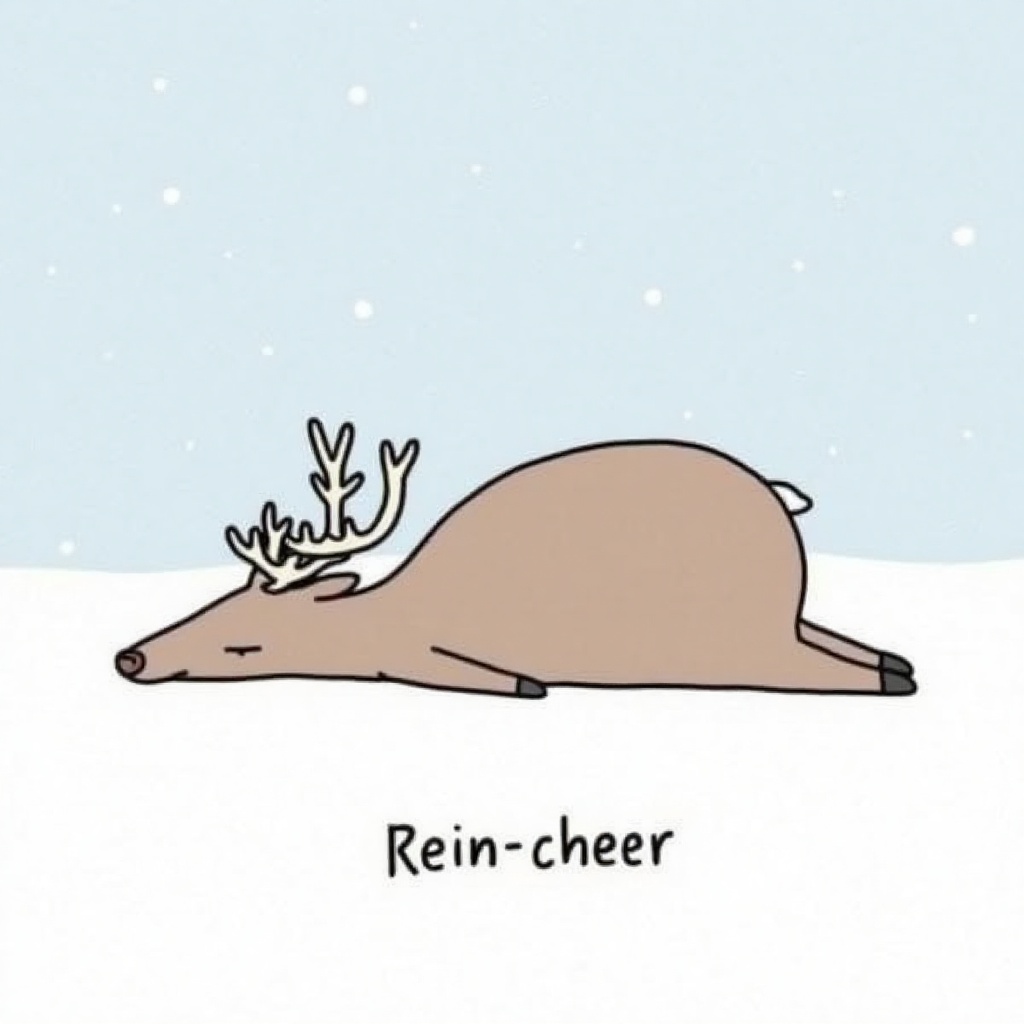 l4zy,  drawing of a Reindeer with the words "Rein-cheer" written below it. a lazy Reindeer. Snowy background. in the style...