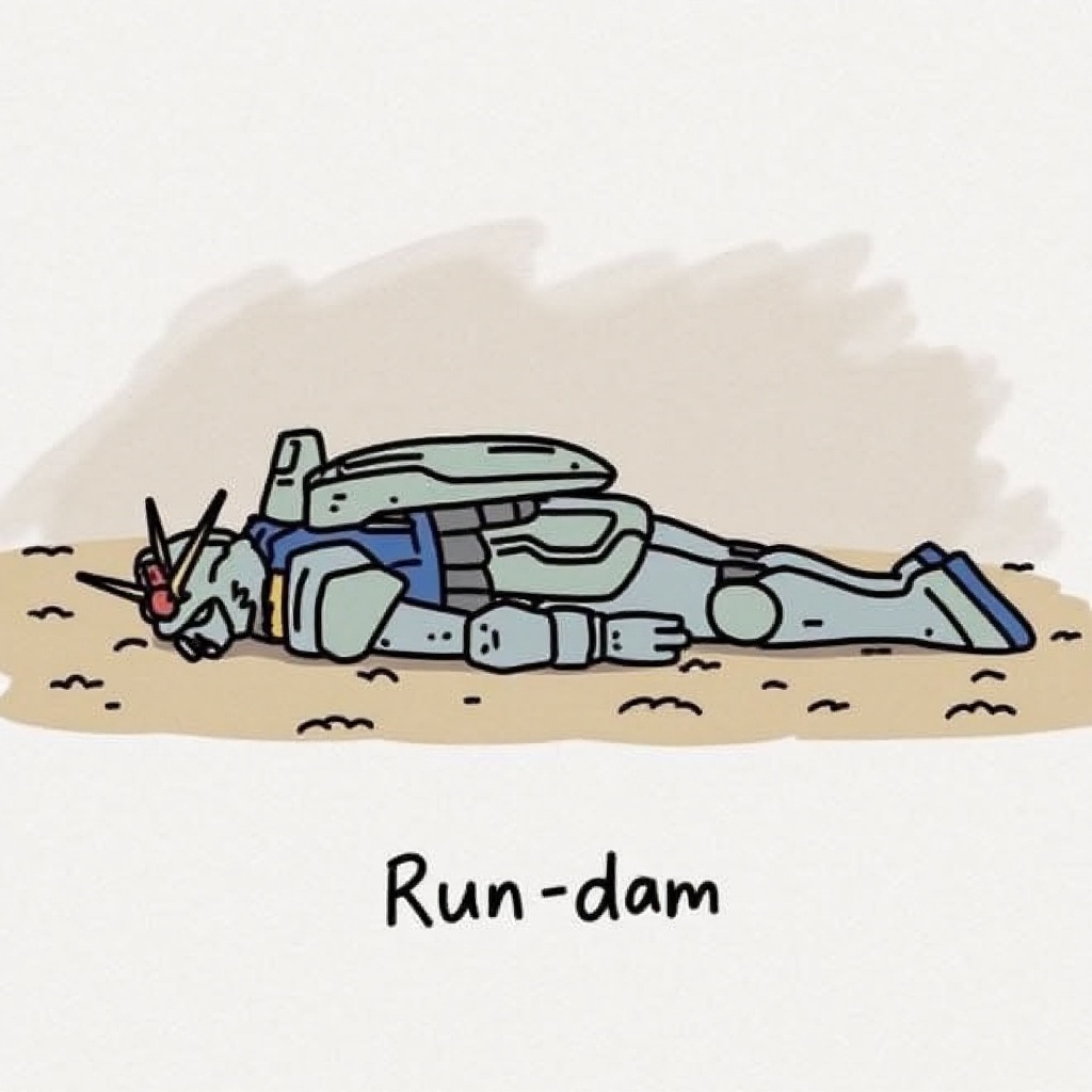 l4zy,  drawing of a Gundam with the words "Run-dam" written below it. a lazy gundam. battlefield background. in the style...
