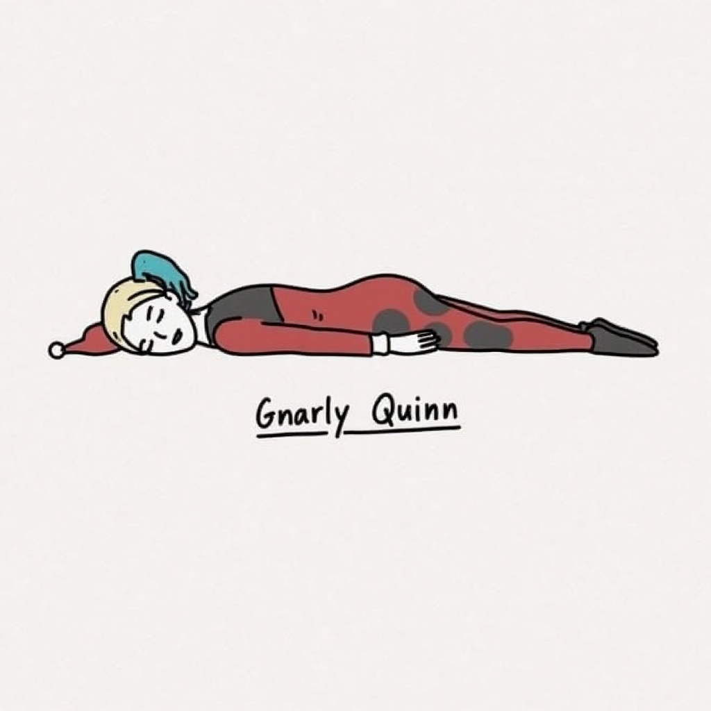 l4zy,  drawing of a harley quinn. the words "Gnarly Quinn" written below it. a lazy Harley Quinn,  in the style of t0k on...