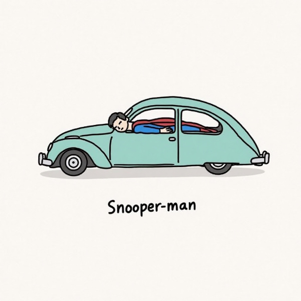 l4zy,  drawing of a superman on the car. the words "Snooper-man" written below it. a lazy superman,  in the style of t0k o...