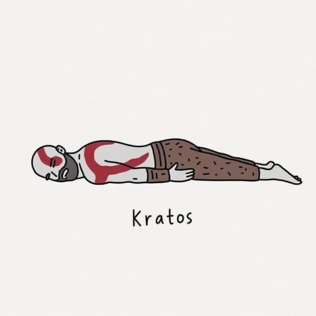 l4zy,  drawing of a kratos god of war with the words "kratos" written below it. a lazy kratos. in the style of t0k on Tens...