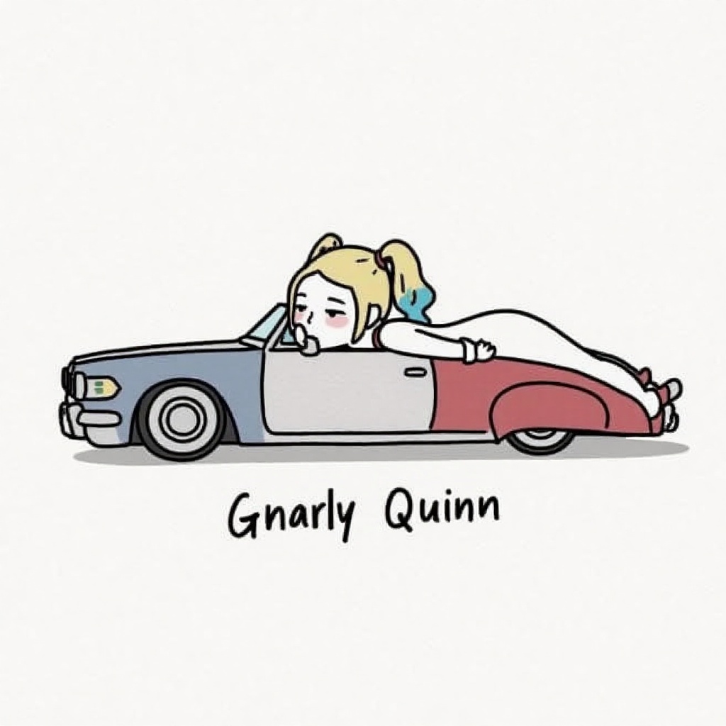 l4zy,  drawing of a harley quinn on the top car. the words "Gnarly Quinn" written below it. a lazy Harley Quinn,  in the s...