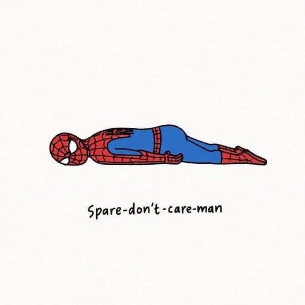 l4zy,  drawing of a spiderman. the words "Spare-don't-care-man" written below it. a lazy Spiderman,  in the style of t0k o...