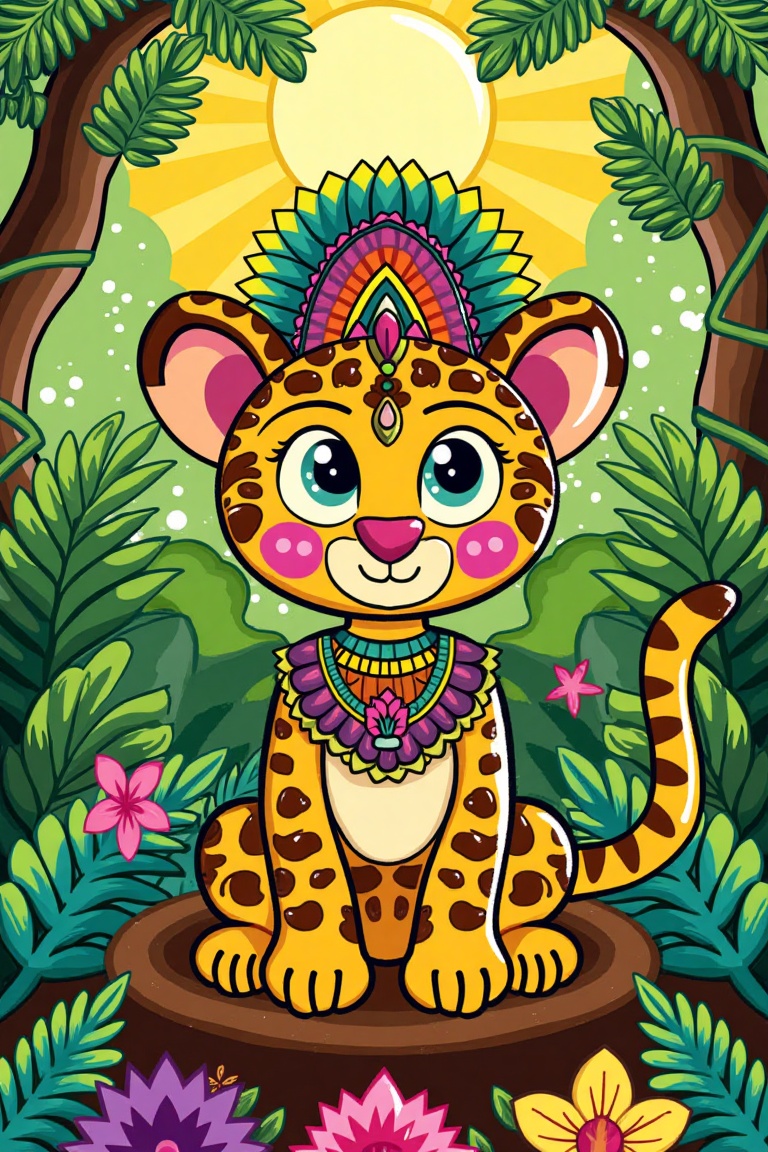 Piki card of a cartoon-style: "Figure of a Mayan jaguar with golden details and colorful feather decorations,  sitting maj...