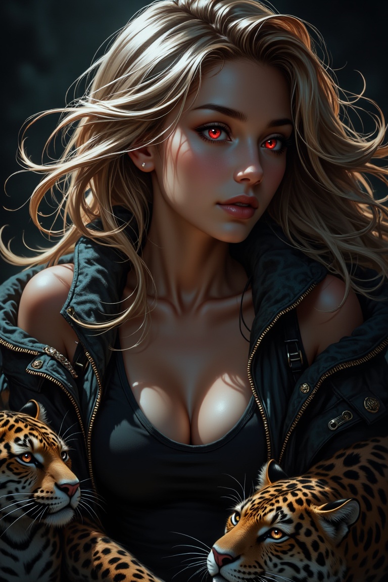 Overhead shot of a detailed,  red-eyed witch with golden hair and techwear. Hyperrealism style. Jaguar paws rest beside he...