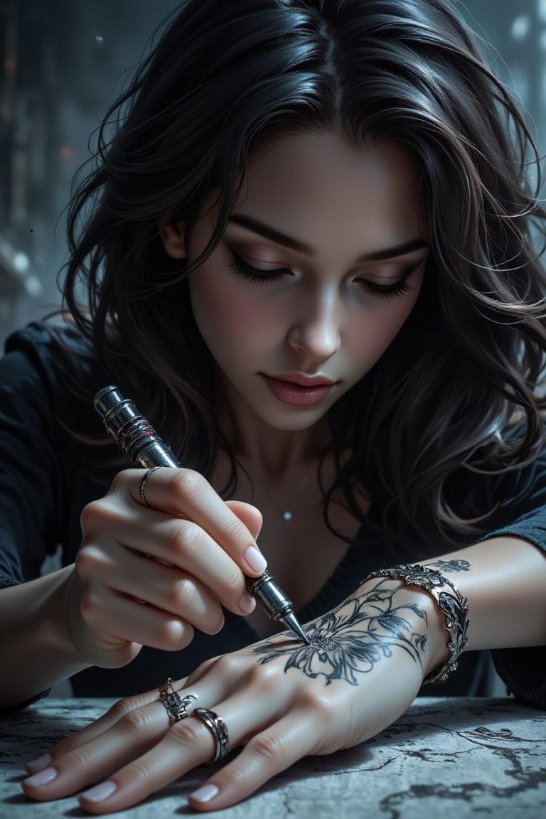 A beautiful gothic woman,  in an ink wash painting style,  meticulously draws a tattoo on her wrist using a rotary machine...