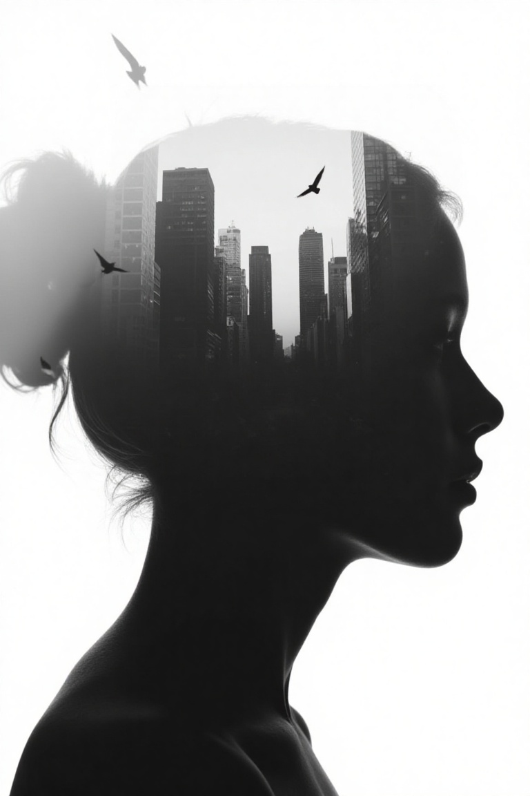 silhouette of a person's head,  within which there appears to be a cityscape with buildings. (birds FLY BETWEEN BUILDINGS,...