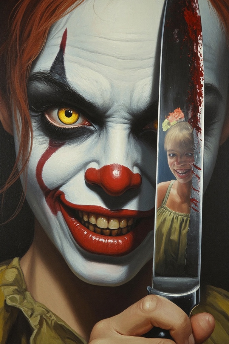 frank frazetta fantasy oil painting of closeup on face and mouth of A terrifying creepy 21 year old female clown character...