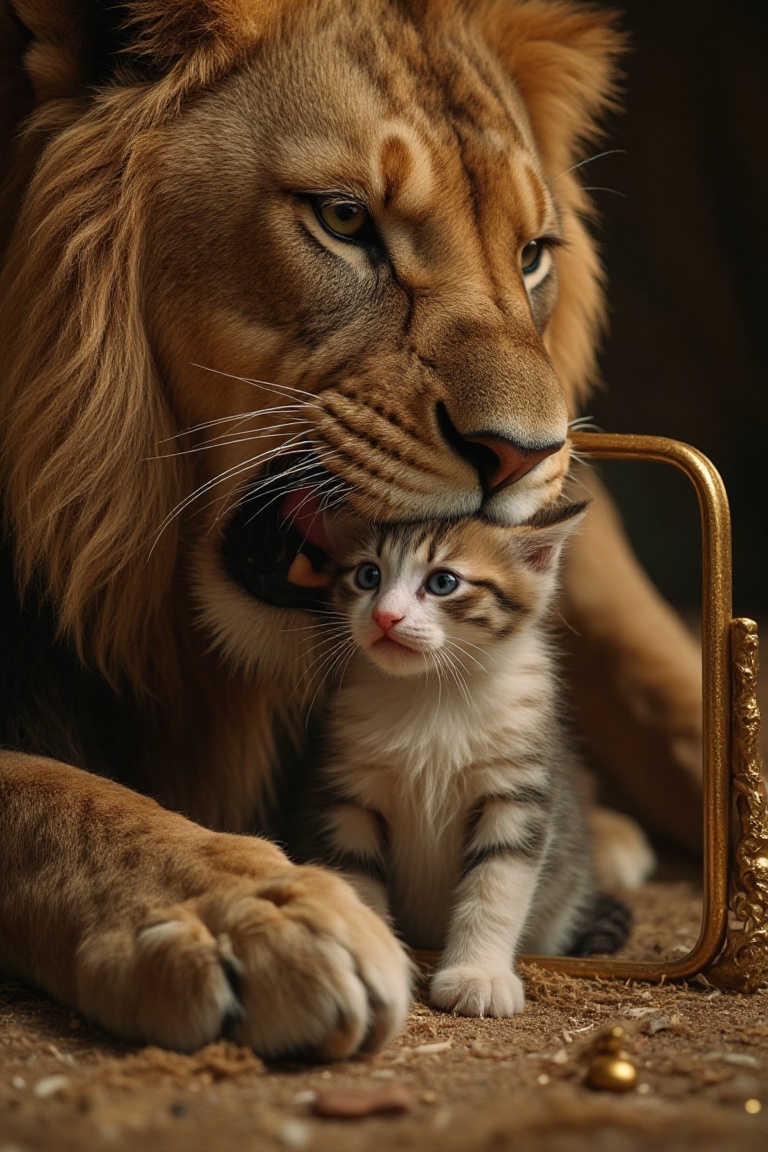 A ferocious dangerous lion looks into a golden mirror,  the mirror shows a frightened little kitten with big eyes and tear...