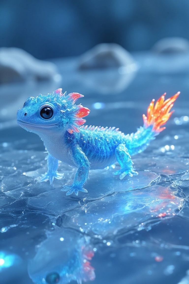 An adorable,  hyper-stylistic ice salamander stands on a sheet of cracked ice,  its body a mesmerizing fusion of frosty bl...