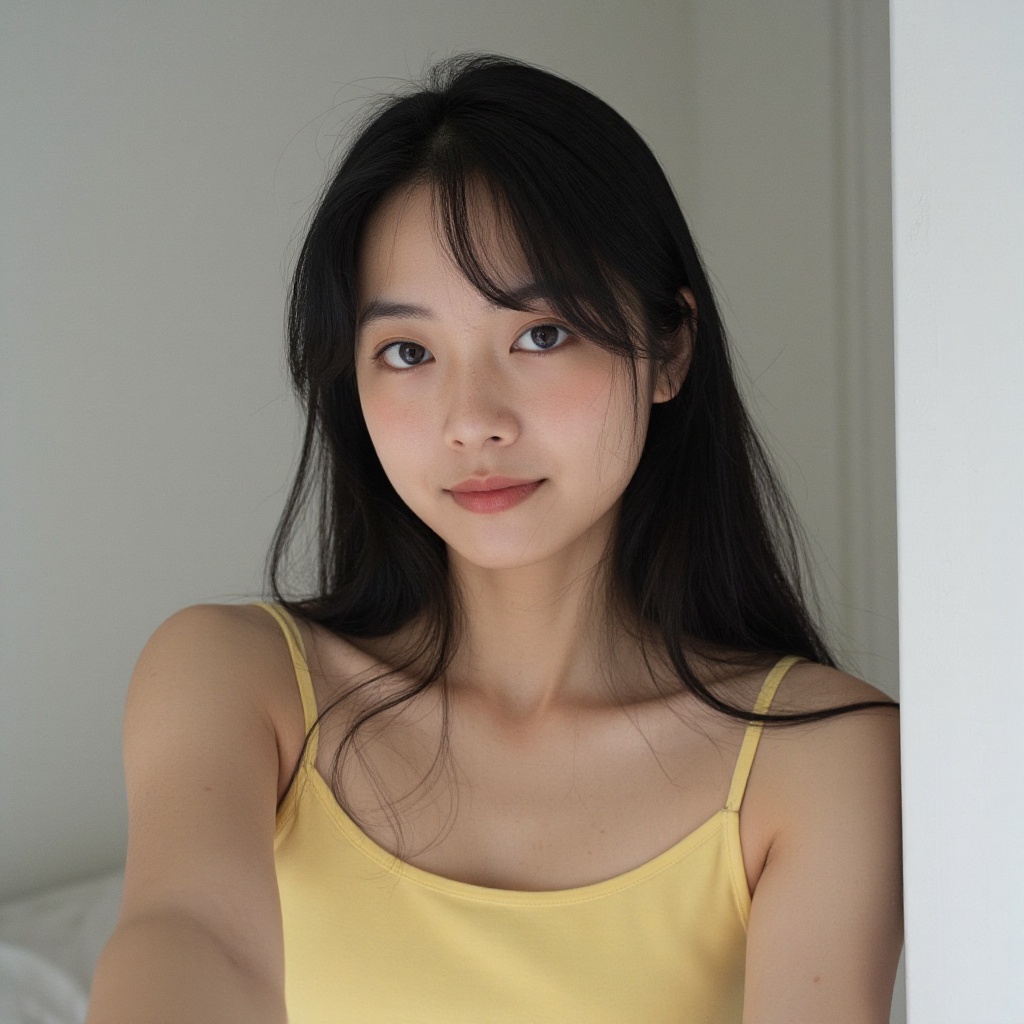 a pov of woman taking an instagram selfie a young japanese woman ,  without make up,  slight smile on Tensor.Art