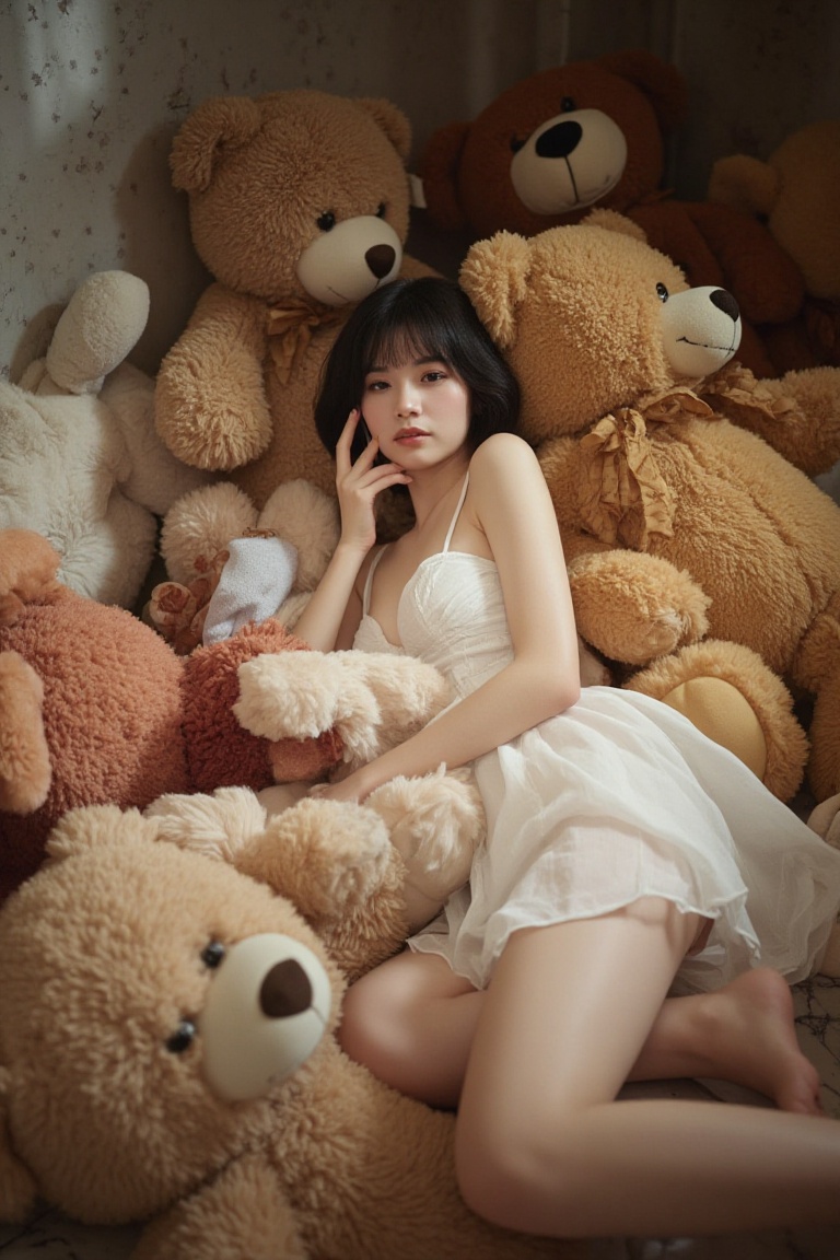 a realistic photographic-style scene of a japanese woman with short hair and a natural body,  lying languidly amidst a col...