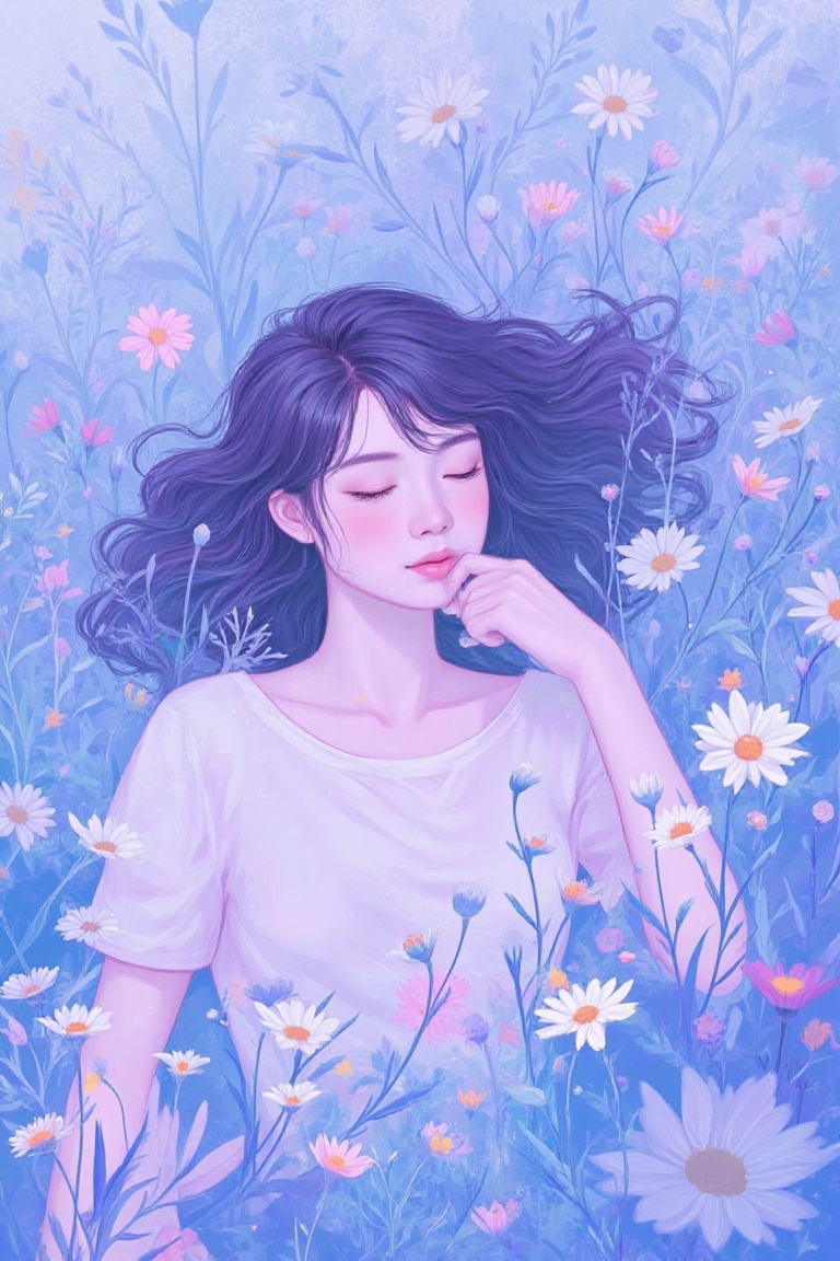 A young woman lies in a field of wildflowers,  creating a dreamy,  surreal atmosphere. The overall color is a mixture of s...