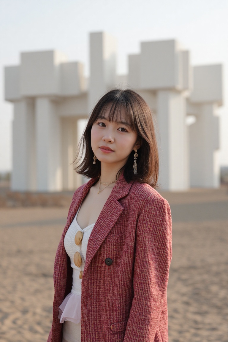 A photo of a 23-year-old Korean woman standing in front of a modern art installation during the day. She's dressed in a bo...