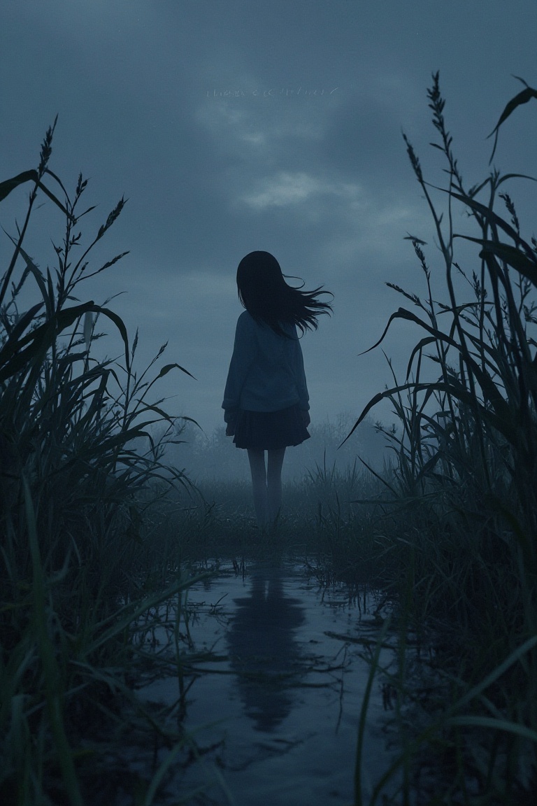 An atmospheric anime of a beautiful woman,  19 years old girl,  bold village in a marsh on Tensor.Art