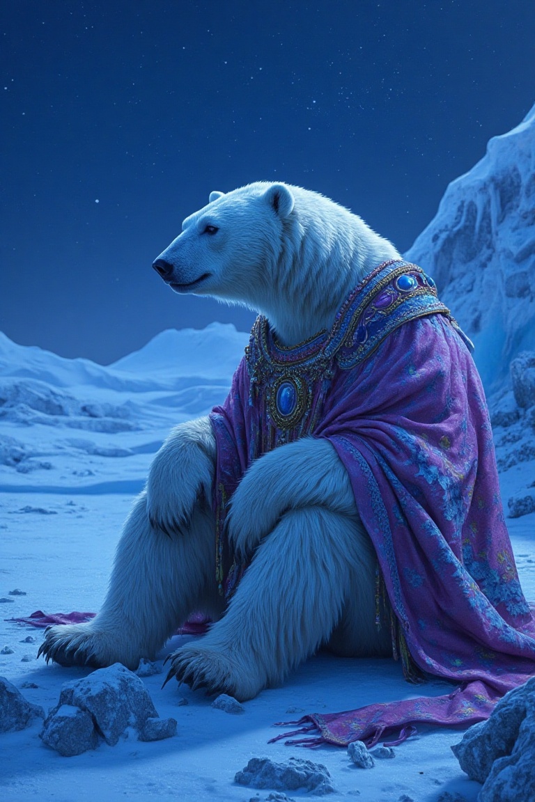 In this captivating realistic shot,  an anthropomorphic polar bear dressed in a richly textured,  jewel-toned shawl sits c...