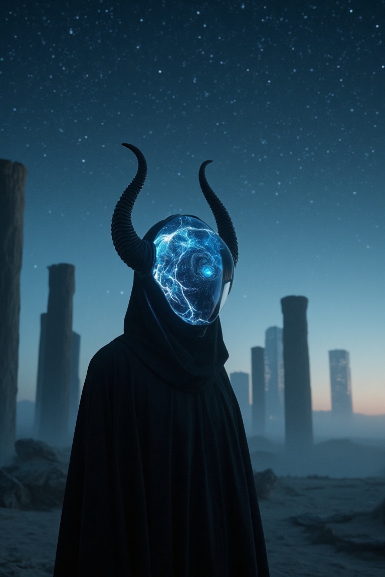 Cinematic,  futuristic scene featuring a close-up portrait of a mysterious figure wearing a dark,  flowing robe. The figur...