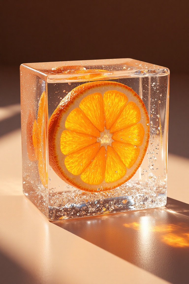 3D render,  realistic,  shining orange slice inside faceted ice cube on Tensor.Art