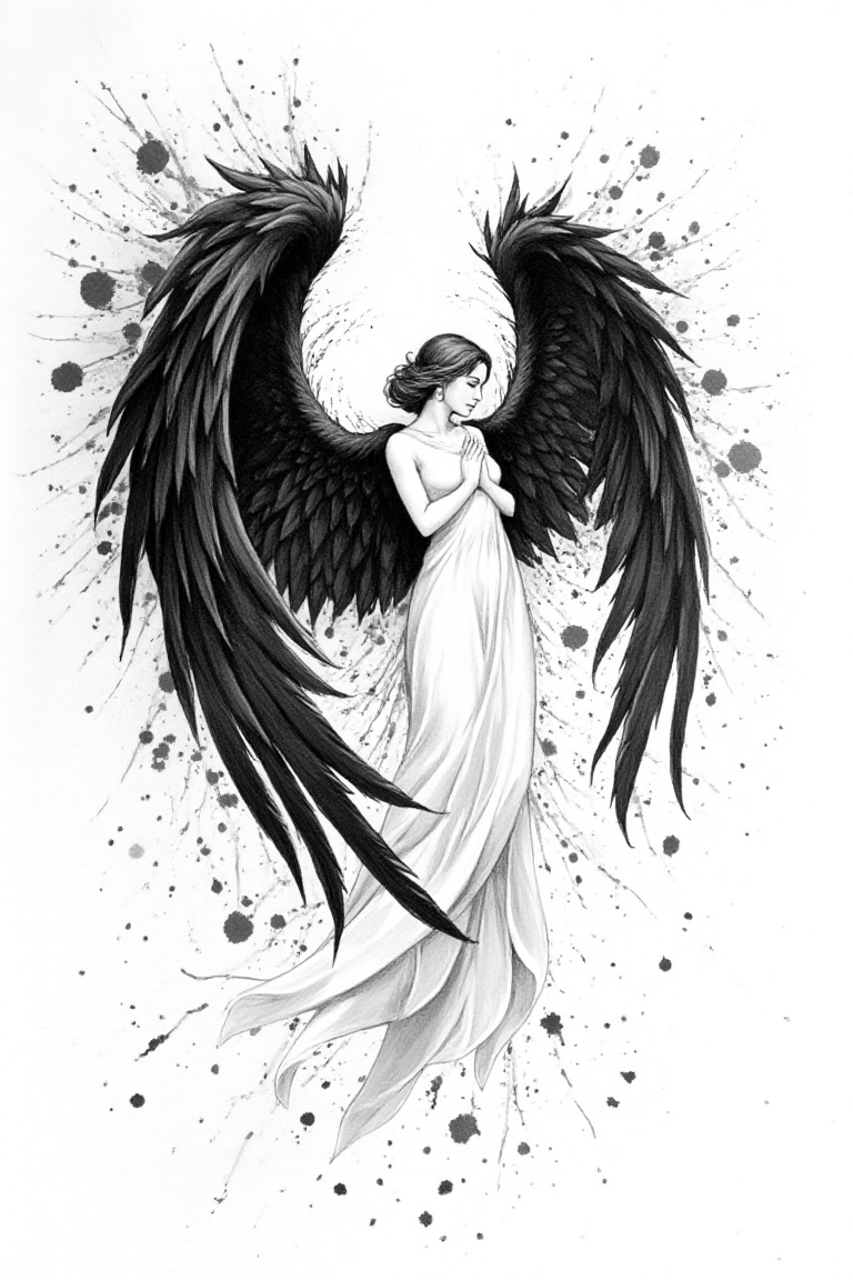 Create an intricate illustration of an angel with grand,  flowing wings in the style of traditional ink art. Use splattere...