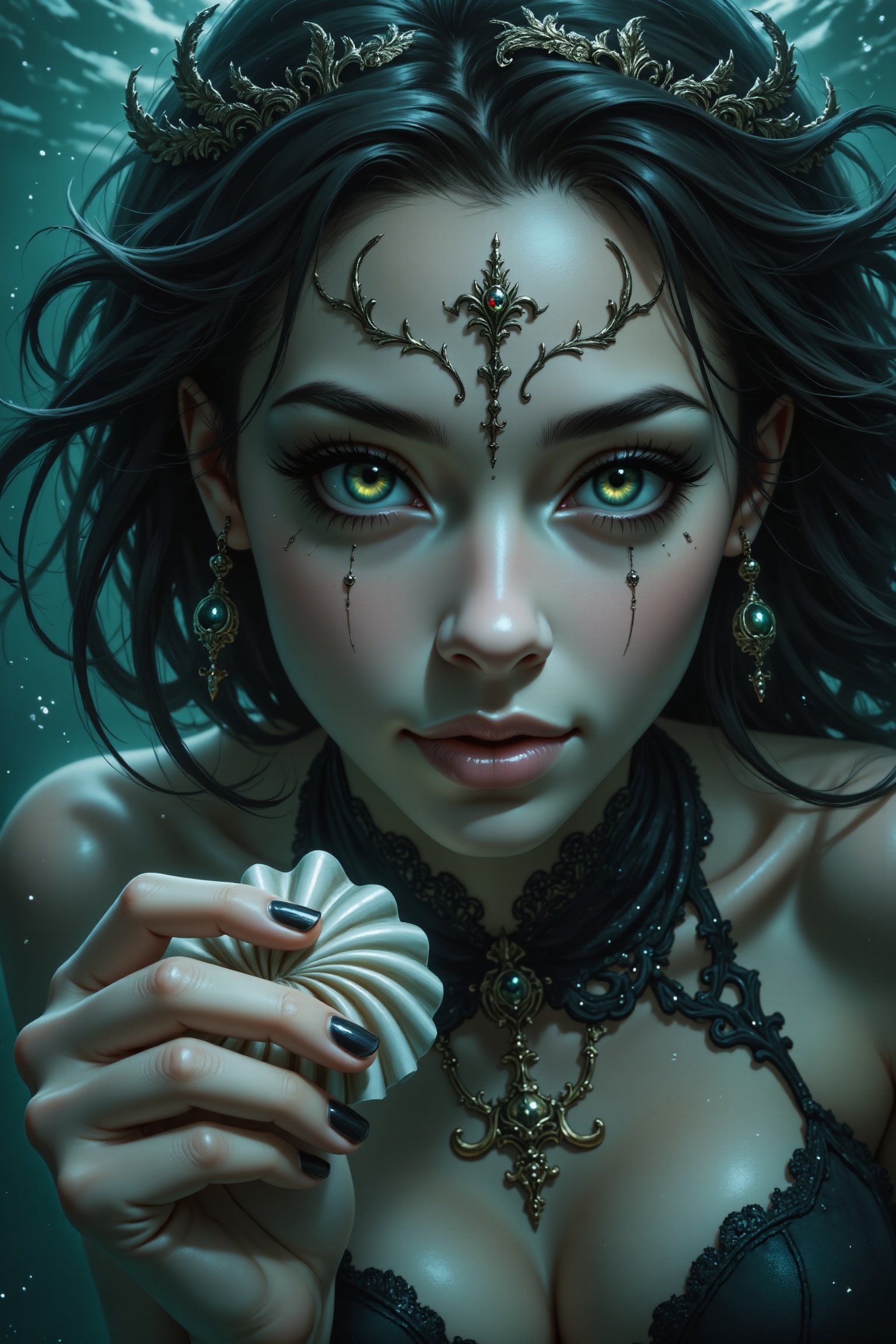 Close-up of a mermaid with green eyes and a trident,  holding a shell in her hand,  underwater in green water. Gothic styl...