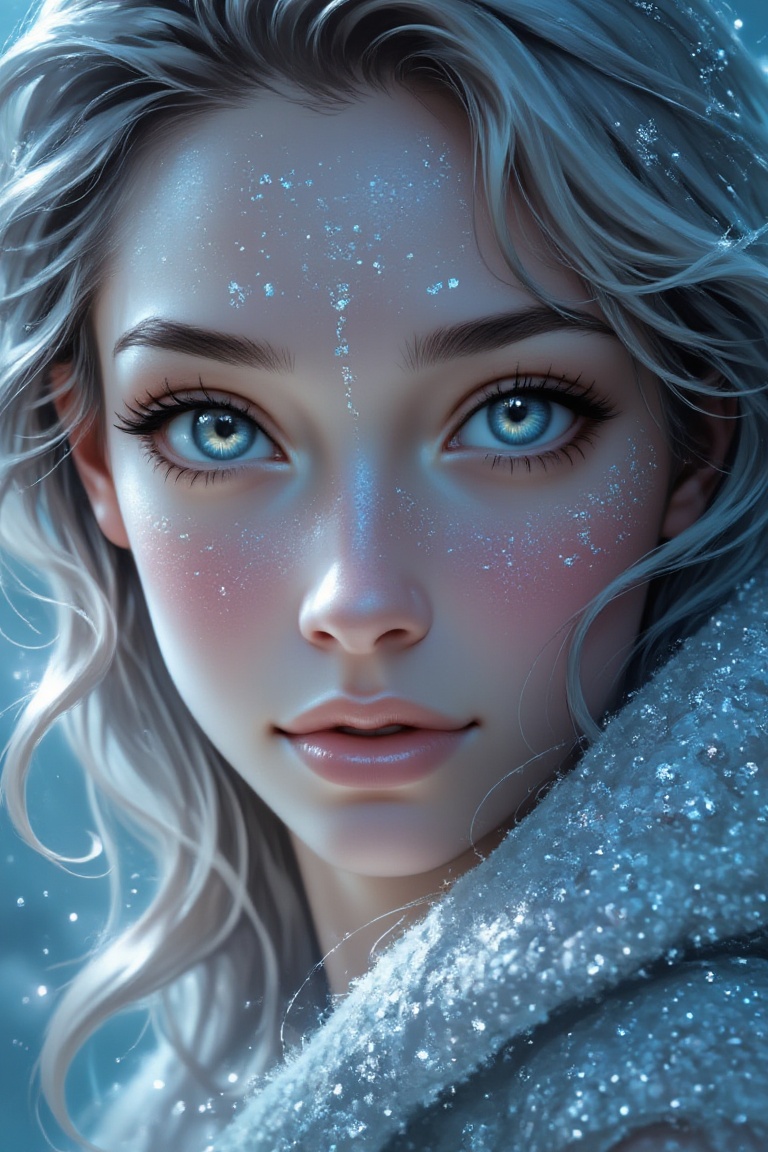 A mesmerizing mermaid emerges from the frosty depths,  her skin and hair encrusted in delicate ice crystals,  as the camer...