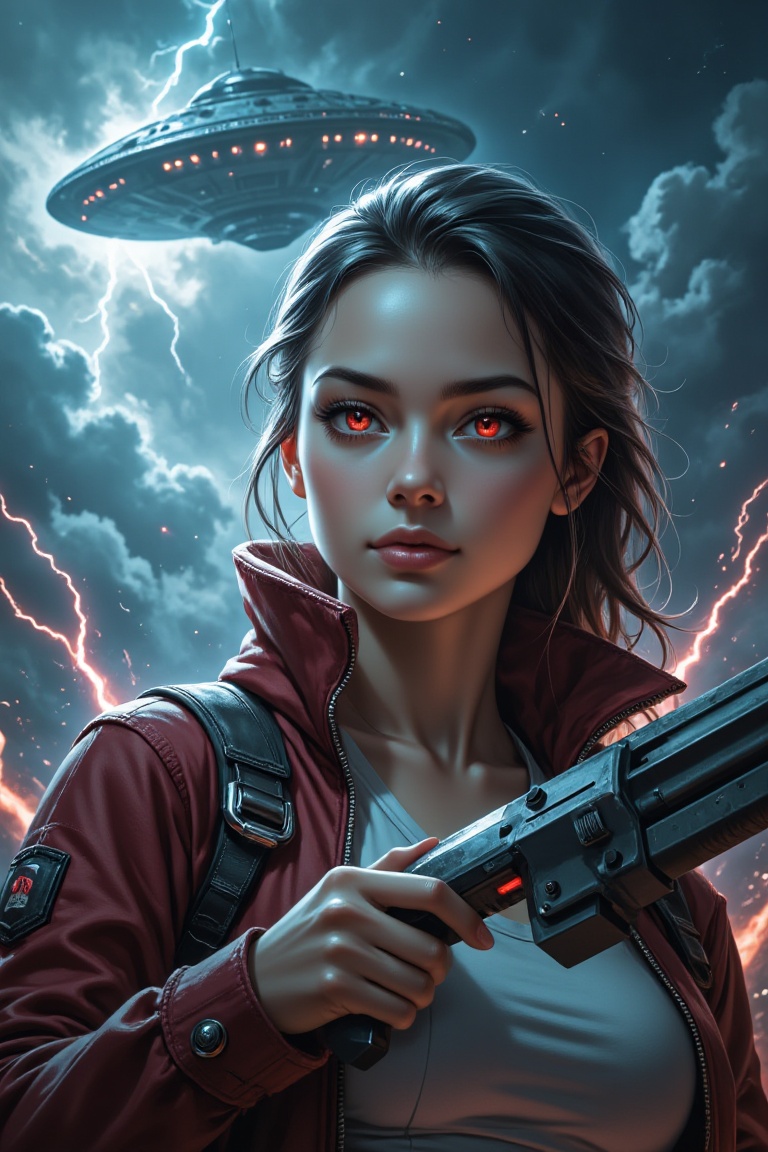 A beautiful alien woman with red eyes,  holding a blaster,  stares directly at the camera. Large cloud and a massive UFO i...