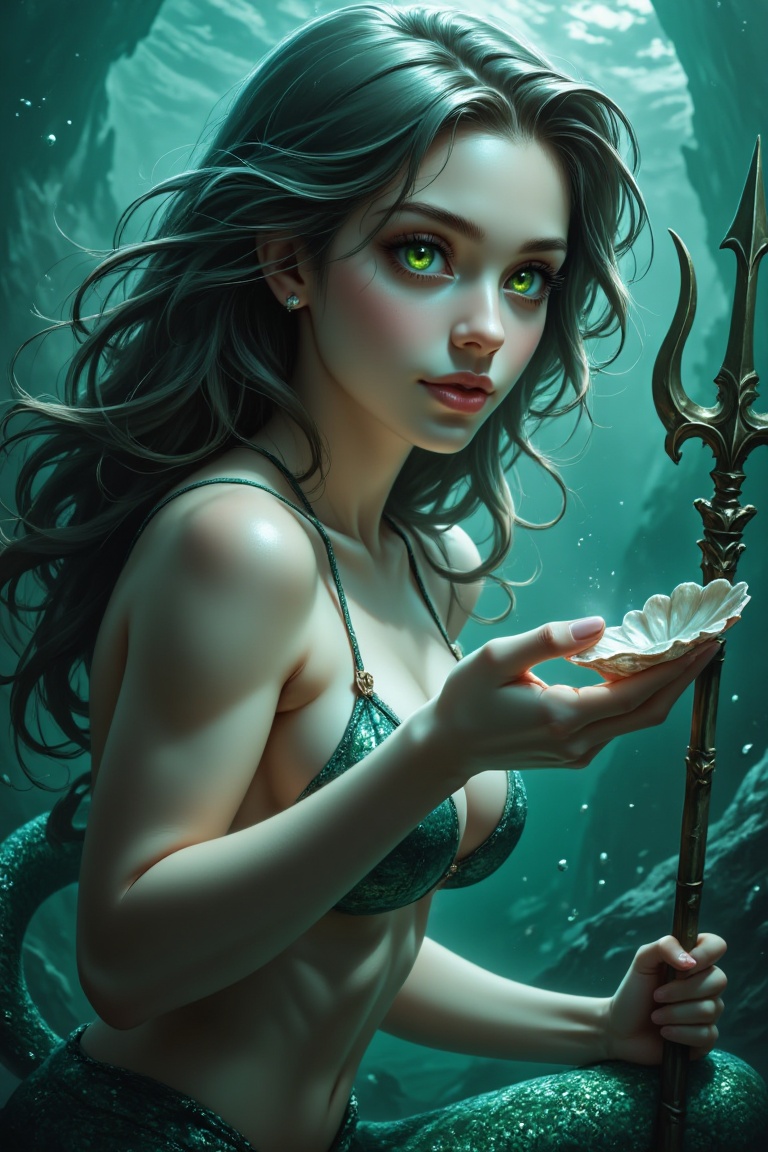 A mermaid with green eyes and a trident,  holding a shell in her hand,  close-up underwater. Green water surrounds her on...