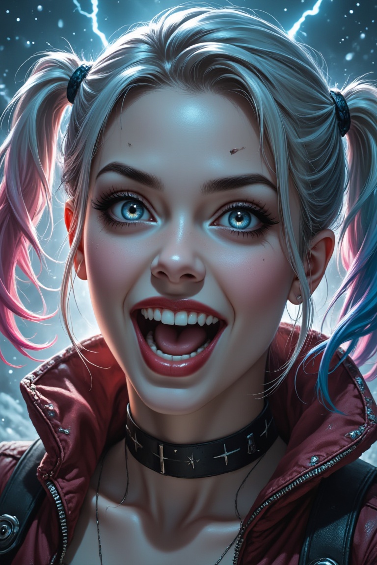Harley Quinn in a close-up,  realistic style. Snow-capped background with lightning bolts illuminating the sky. Her eyes w...