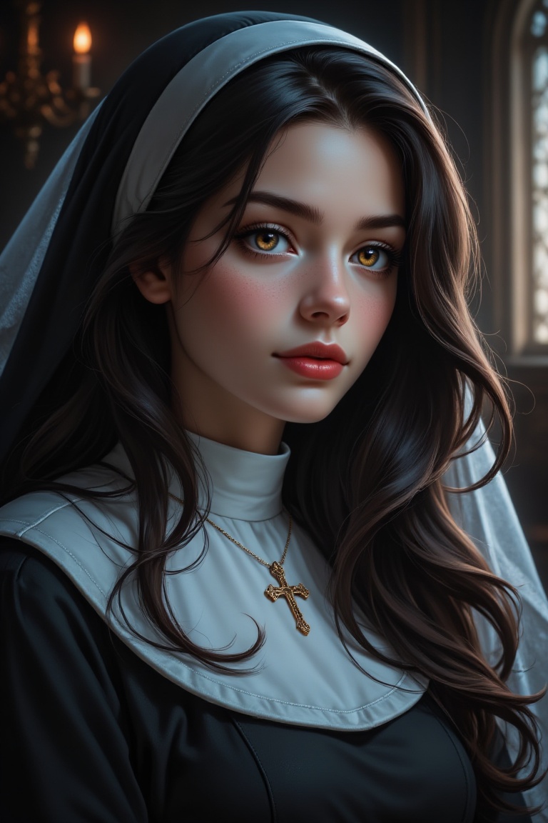 A young nun stands confidently,  her piercing brown eyes locked onto the viewer's gaze. Her long,  dark hair cascades down...