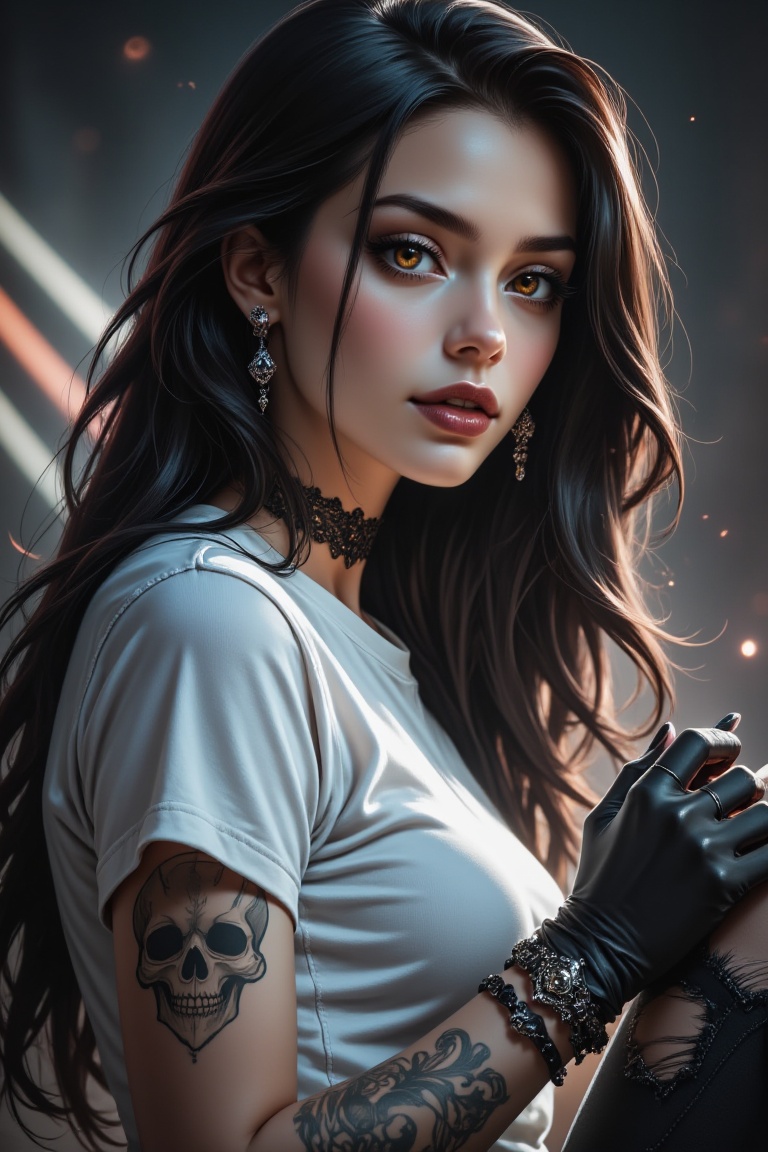 Close-up shot of a solo girl with long,  dark hair framing her face. She's looking directly at the viewer,  her brown eyes...