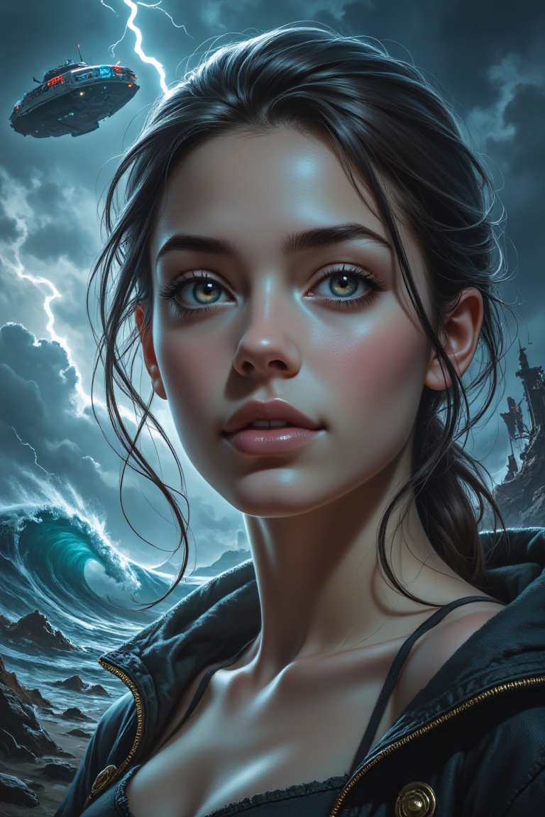 A beautiful woman in close-up,  gazing directly at the camera. Behind her,  a colossal N.L.O. hovers amidst stormy skies a...