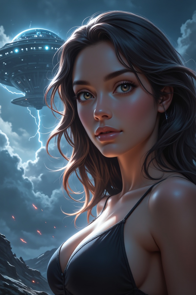 A beautiful woman in close-up,  gazing directly at the camera. Behind her,  a massive UFO hovers in the sky on Tensor.Art