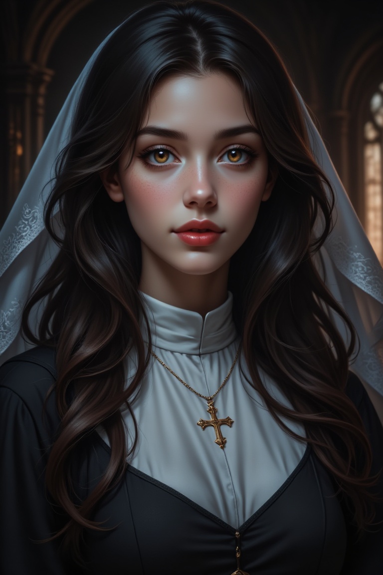 A young nun stands confidently,  her piercing brown eyes locked onto the viewer's gaze. Her long,  dark hair cascades down...