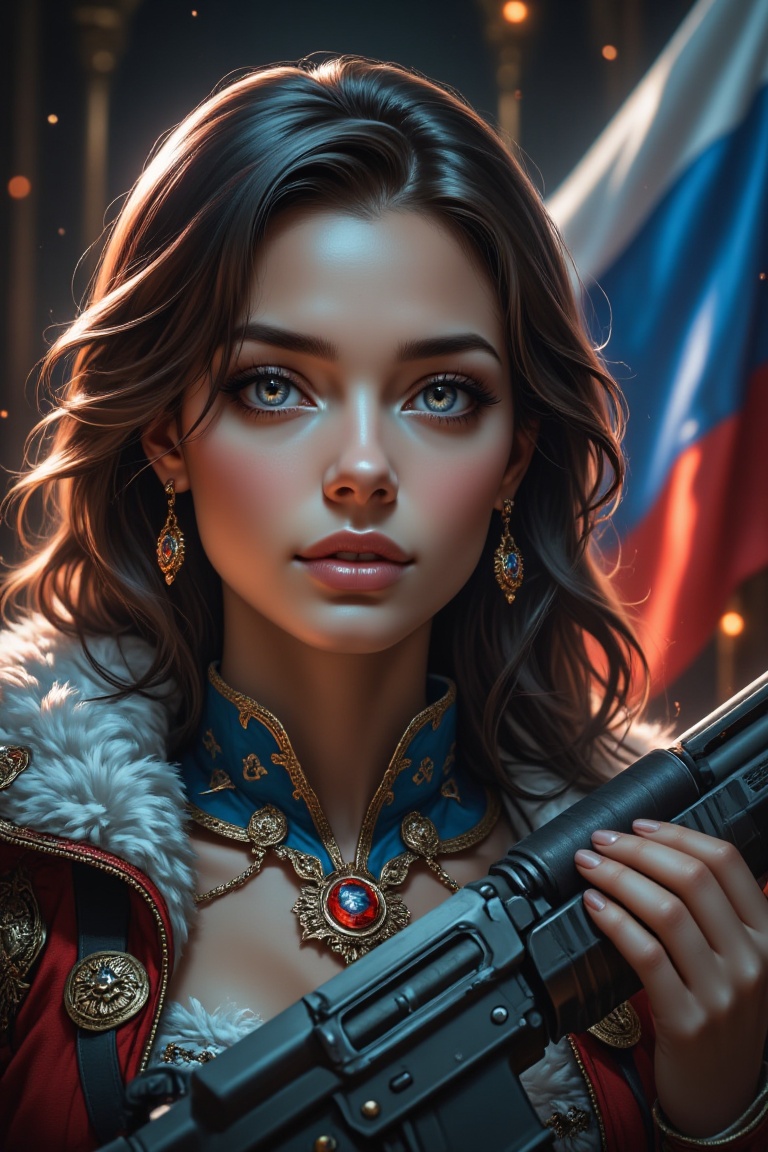 Amidst a warm glow of Art Deco opulence,  a stunning Russian woman stands resolute,  her eyes fixed on the crimson and whi...