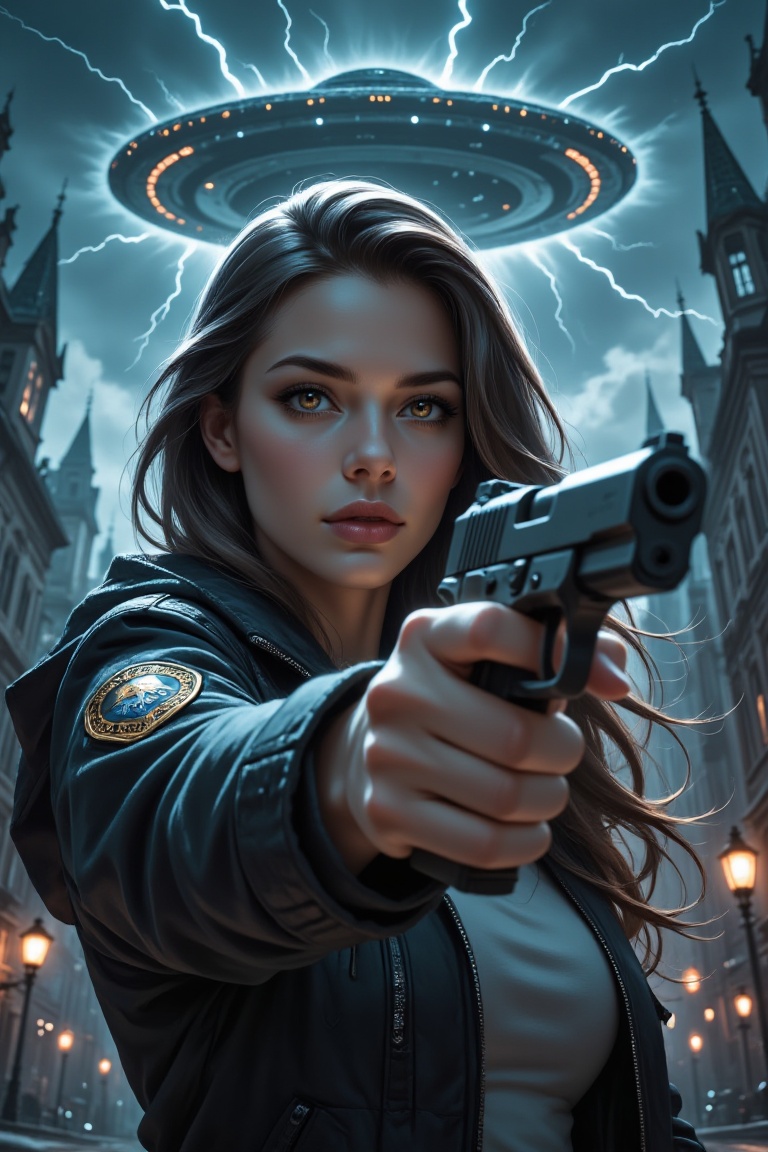 A beautiful policewoman,  holding a pistol,  stares directly at the camera. Large cloud overhead on Tensor.Art