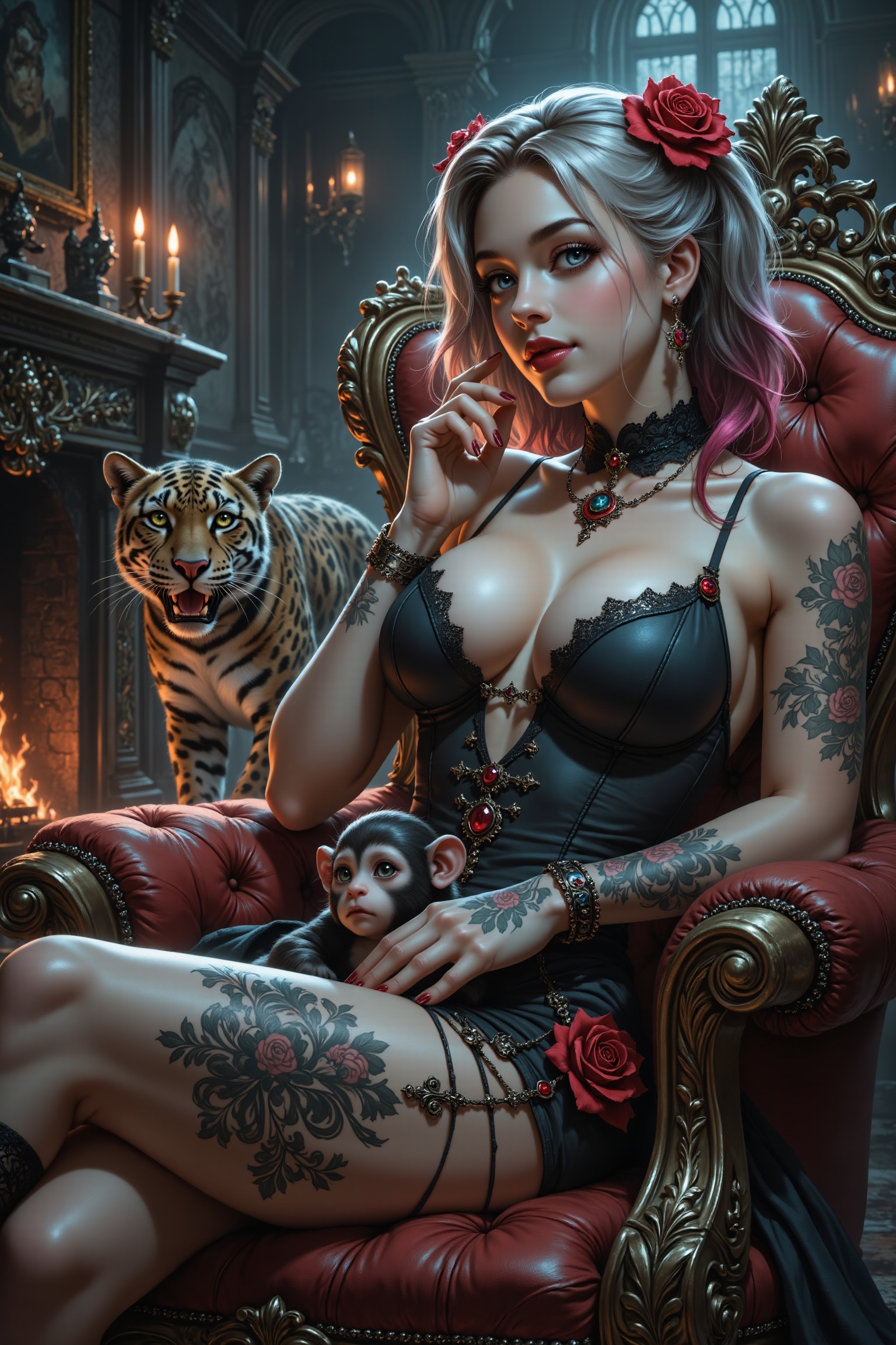 A close-up of Harley Quinn in a Gothic style,  adorned with roses and intricate tattoos. She sits in an ornate 18th-centur...