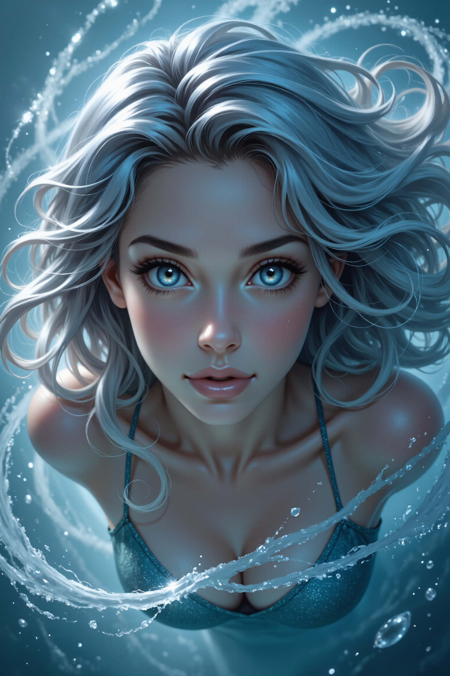 Frozen beauty: Mermaid with an icy gaze swims closer,  her frost-covered skin and hair glistening in soft blue light. Wide...