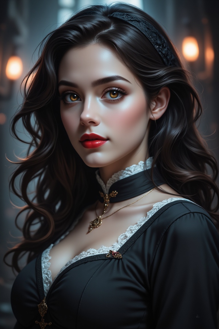 a woman dressed in a black dress with a white collar and a black veil on her head. The woman's face is adorned with dark b...