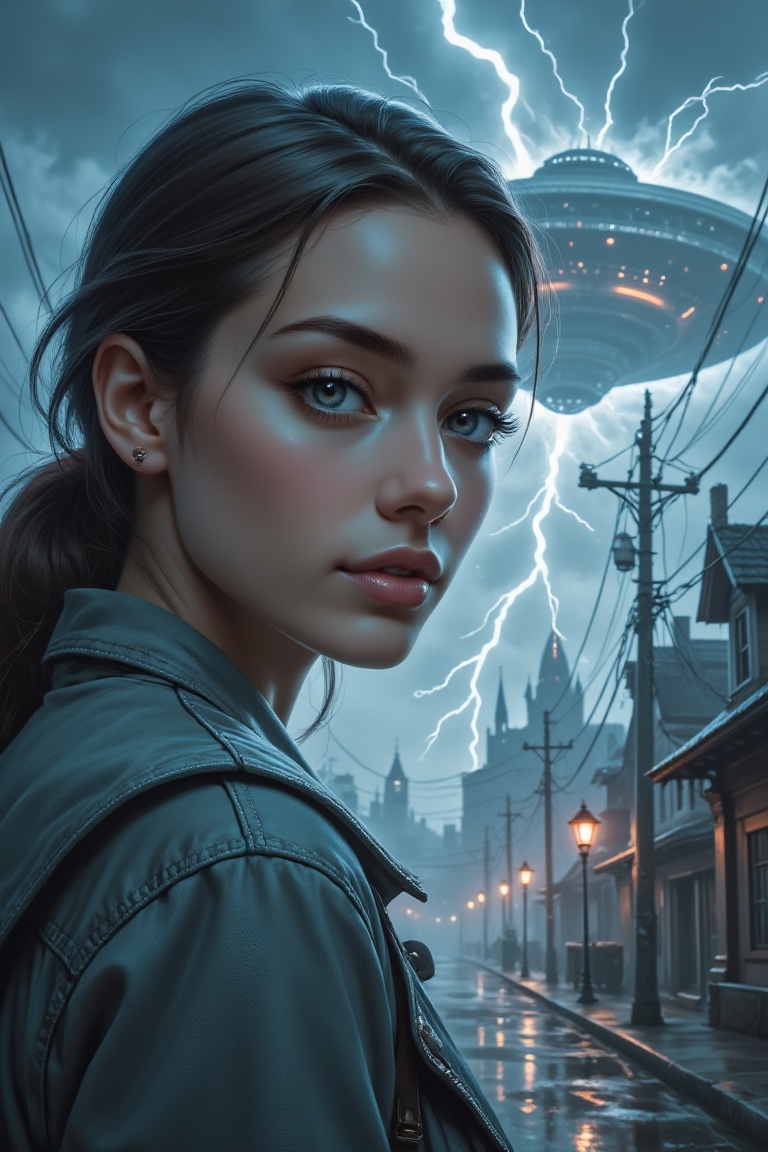 A beautiful woman in close-up,  gazing directly at the camera. Large cloud and a colossal UFO loom in the foggy sky,  ligh...
