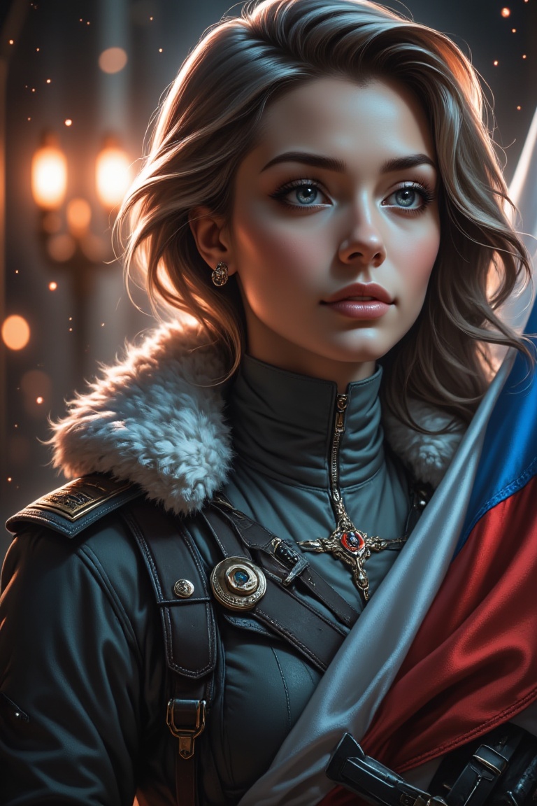 Amidst a warm glow of Art Deco opulence,  a stunning Russian woman stands resolute,  her eyes fixed on the crimson and whi...