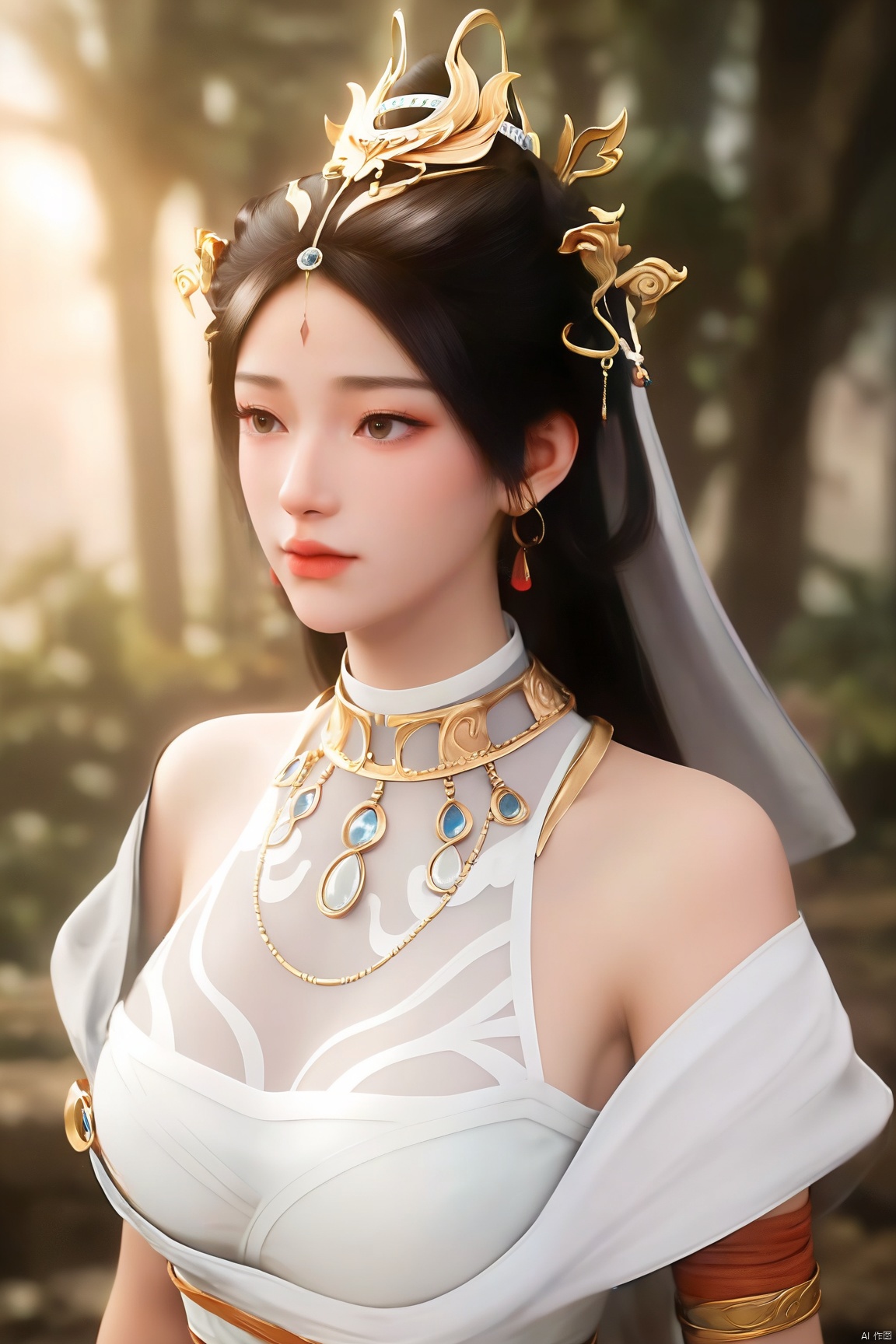 parametersscore_9,score_8_up,score_7_up,source_anime,
1girl, solo, long hair, brown hair, black hair, hair ornament, dress, bare shoulders, brown eyes, jewelry, closed mouth, upper body, earrings, necklace, white dress, looking to the side, blurry background, forehead mark, realistic
,pale skin,translucent,