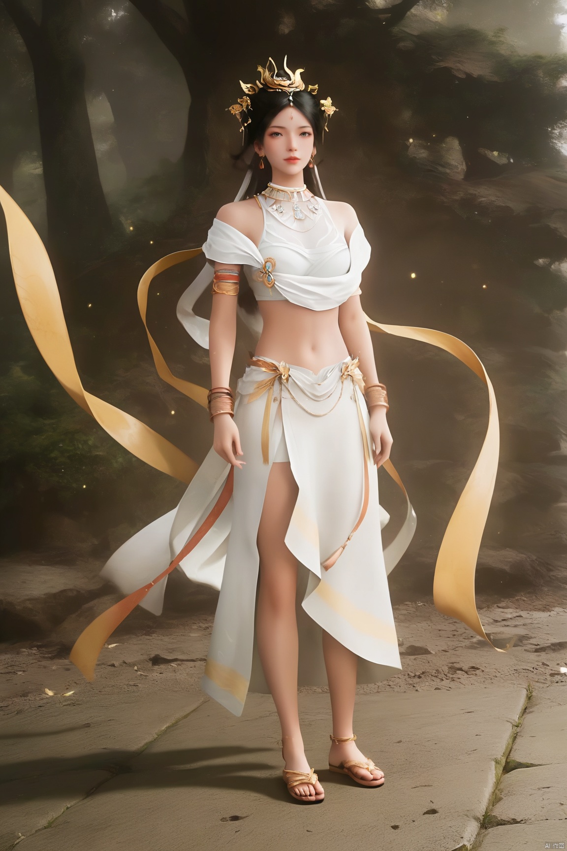 parametersscore_9,score_8_up,score_7_up,source_anime,
1girl, solo, long hair, looking at viewer, skirt, brown hair, black hair, hair ornament, navel, jewelry, standing, full body, earrings, midriff, bracelet, sandals, white skirt, realistic