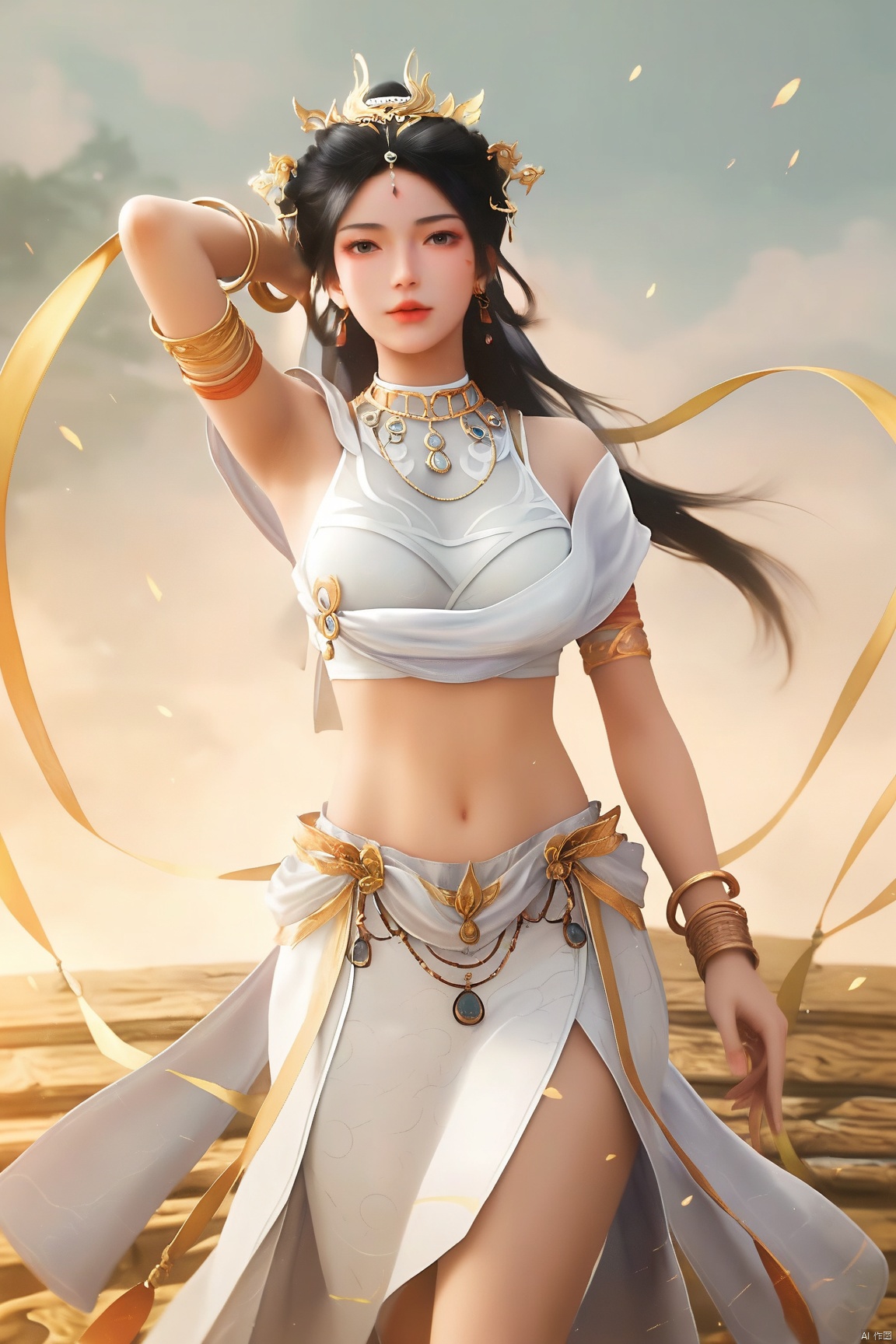 parametersscore_9,score_8_up,score_7_up,source_anime,
1girl, solo, breasts, looking at viewer, skirt, black hair, hair ornament, navel, jewelry, earrings, midriff, necklace, arm up, bracelet, facial mark, white skirt, armlet, forehead mark, realistic