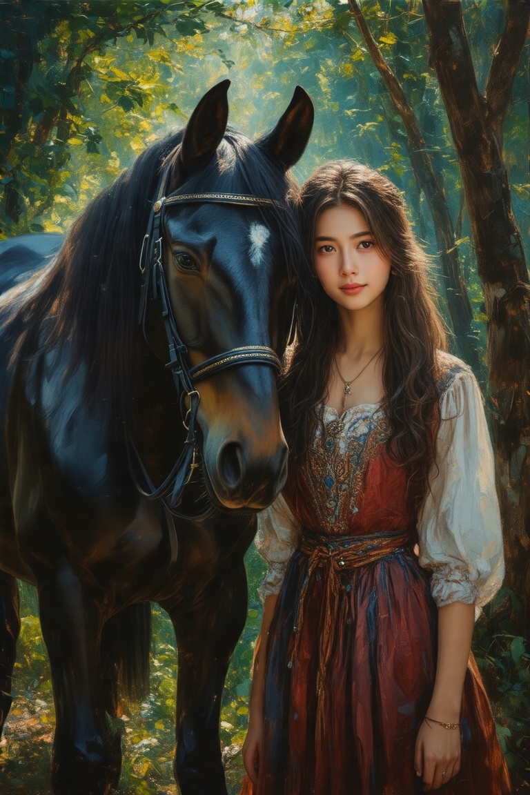 A Leng Jun-inspired oil painting,  featuring a black majestic horse in a forest with an 18-year-old girl with brown hair a...