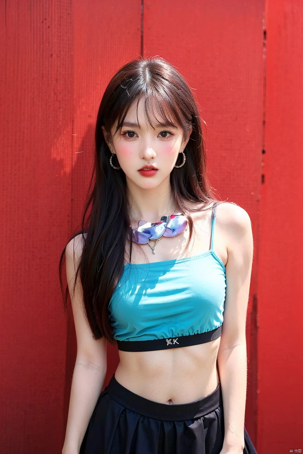 ultra-high definition,extreme detail,8k,realistic,(masterpiece:1.3),(best quality:1.3),(photorealistic:1.4),realistic,4k,detail face,,1,1girl,solo,jewelry,black hair,skirt,ring,earrings,midriff,red background,lipstick,makeup,long hair,looking at viewer,camisole,red lips,