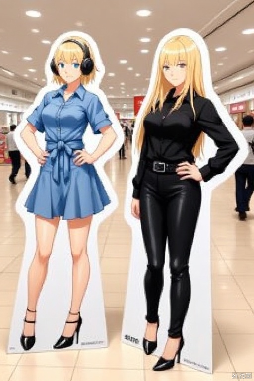 Stands,two cardboard cutouts of an anime girl are standing side-by-side on a white backdrop in a mall. The girl on the left is wearing a short-sleeved blue button-down shirt with a belt tied around the waist,and black high-heeled shoes. Her blonde hair is styled in a ponytail,and she is wearing black earphones on her ears. She is standing with her left hand on her hip,and her right hand is resting on her chest. The woman on the right is dressed in a black long-sleeve shirt,black pants,and a pair of black heels. She has long,straight blonde hair. She's wearing a black shirt and black pants. The floor beneath her is a light beige tile,and the ceiling is adorned with white lights. To the right of the image,a man and a woman are walking on the floor.